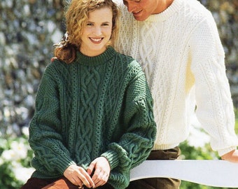 womens mens aran sweater knitting patterns pdf ladies cable jumper 30-44" aran worsted 10ply pdf instant download