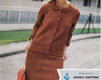 vintage womens suit knitting pattern pdf ladies jacket skirt set collar pockets 34-40" DK Light Worsted 8 ply pdf instant download