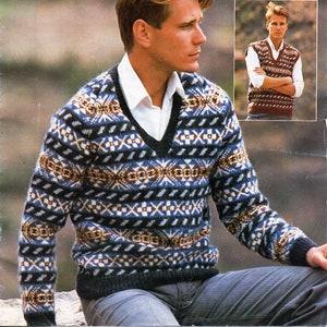 May include: A man modelling a V-neck sweater with a geometric pattern in blue, white, and brown. The sweater is part of a knitting pattern from Patons Moorland, with measurements of 97-112 cm (38-44 in). A smaller image shows a matching vest.