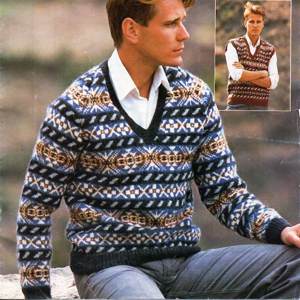 mens fair isle sweater slipover knitting pattern pdf fairisle v neck jumper pullover 38-44" DK light worsted 8ply pdf instant download