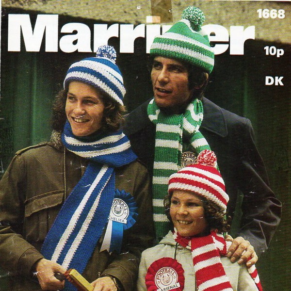 vintage football hat and scarf knitting pattern pdf adult childrens football cap bobble hat DK light worsted 8ply pdf instant download