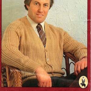 vintage mens cardigan knitting pattern pdf mens jacket v neck ribbed larger sizes 42-60&quot; DK light worsted 8ply pdf instant download