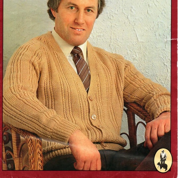 vintage mens cardigan knitting pattern pdf mens jacket v neck ribbed larger sizes 42-60" DK light worsted 8ply pdf instant download