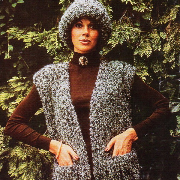 vintage womens waistcoat hat knitting pattern pdf womens chunky sleeveless jacket cap cardigan 33-39" chunky bulky 12ply instant download