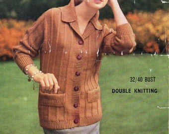 vintage womens jacket knitting pattern pdf ladies cardigan pockets collar long length 32-42" DK Light worsted 8ply pdf instant download