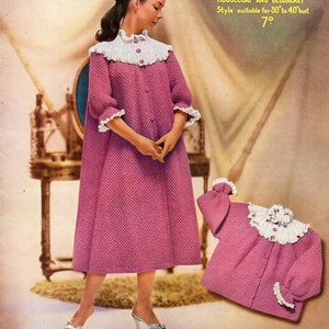 May include: A pink knitted housecoat and bedjacket with a white lace collar and cuffs. The style is suitable for a 30 to 40 inch bust. Sirdar No 7660 Double Knitting Wool.