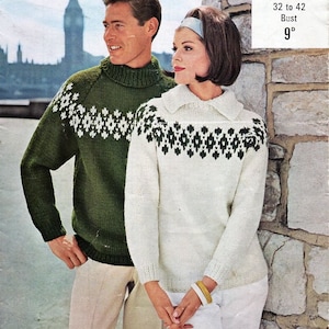 vintage womens mens fair isle sweater knitting pattern pdf ladies chunky fairisle jumper 32-42&quot; chunky bulky 12ply pdf instant download