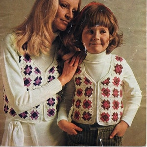 vintage womens crochet motif waistcoat crochet pattern pdf ladies childs granny squares vest 26-40&quot; DK light worsted 8ply instant download