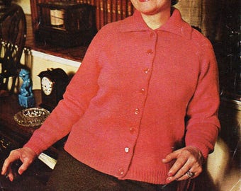 vintage womens collared cardigan knitting pattern PDF DK ladies jacket with collar 1970s 34-44" DK light worsted 8ply pdf instant download