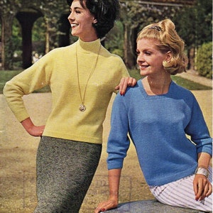 May include: Two women wearing knitted sweaters. The woman on the left is wearing a yellow sweater with a long necklace and a gray skirt. The woman on the right is wearing a blue sweater and a white and gray striped skirt. The text on the image reads "Majestic 4 ply, Talisman 4 ply, Fontein Crepe wool or Gaiety Nylon 4 ply Alternative neckline-Long and 3/4 sleeves Four sizes 32"-38" 2055B 9d SIRDAR".