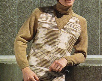 vintage mens sweater knitting pattern PDF 4ply mens polo neck jumper 36-42" mens knitting pattern PDF instant download