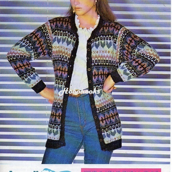 Womens long fair isle cardigan knitting pattern pdf download ladies fairisle jacket 32-38" DK light worsted 8ply pdf instant download