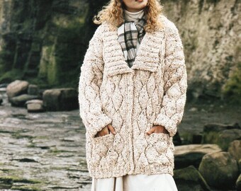 Chunky Knit Jacket Pattern, Long Button Coat (PDF Download)