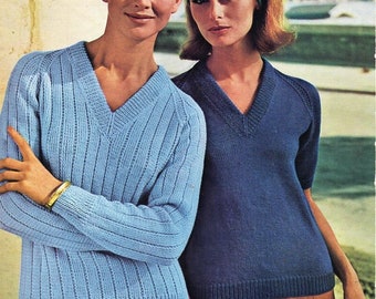 vintage womens v neck sweater knitting pattern pdf ladies classic raglan jumper 34-38" DK light worsted 8ply pdf instant download