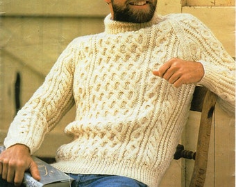 Mens Aran Sweater Knitting Pattern Pdf Mens Cable Jumper Crew | Etsy UK