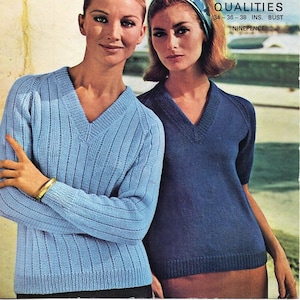vintage womens v neck sweater knitting pattern pdf ladies classic raglan jumper 34-38&quot; DK light worsted 8ply pdf instant download