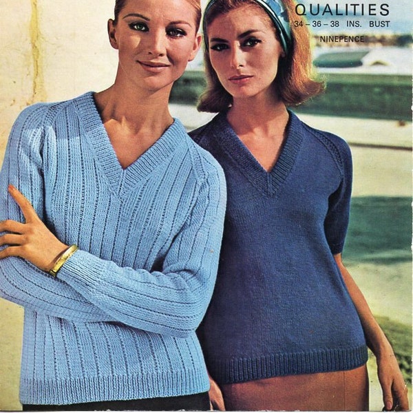 vintage womens v neck sweater knitting pattern pdf ladies classic raglan jumper 34-38" DK light worsted 8ply pdf instant download