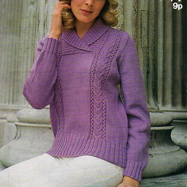 ladies shawl collar sweater knitting pattern pdf womens cable panel jumper 32-38" 4 ply DK 8 ply light worsted ladies knitting pattern pdf