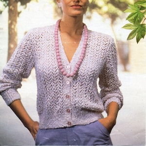 womens cotton cardigan knitting pattern pdf ladies lacy v neck jacket 32-40&quot; cotton DK light worsted 8ply pdf instant download
