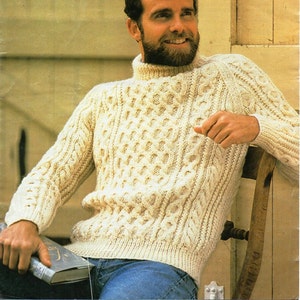 Vintage mens aran sweater knitting pattern PDF mens cable jumper crew neck 32-46" aran worsted 10ply PDF instant Download