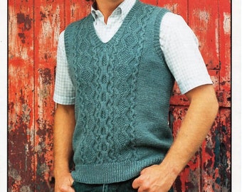 vintage mens cable slipover knitting pattern pdf mans v neck pullover 34-48" DK 8ply pdf instant download