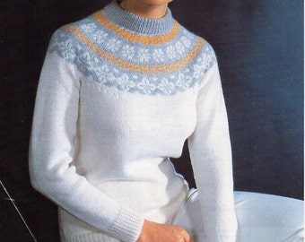 vintage womens Fair isle sweater knitting pattern pdf download DK ladies fairisle yoke jumper 32-40" DK light worsted 8ply Instant Download
