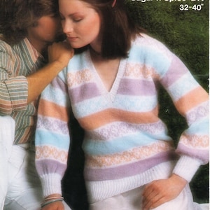 vintage womens fair isle sweater knitting pattern pdf ladies striped jumper v neck 32-40&quot; DK light worsted 8ply pdf instant download