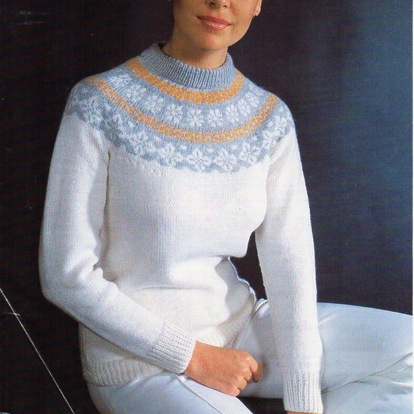 vintage womens Fair isle sweater knitting pattern pdf download DK ladies fairisle yoke jumper 32-40" DK light worsted 8ply Instant Download