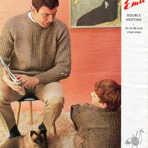 Vintage Mens Sweater knitting pattern pdf mens jumper ribbed crew neck round neck 24-46&quot; DK light Worsted 8ply PDF instant Download