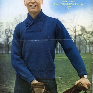 vintage mens shawl collar sweater knitting pattern pdf mens roll neck jumper 38-44" DK light worsted 8ply pdf instant download