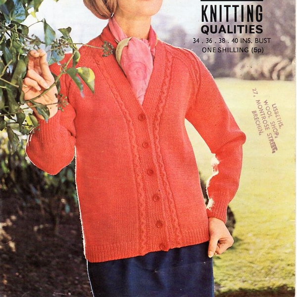 vintage womens cardigan knitting pattern pdf ladies v neck pattern panel jacket 34-40" DK light worsted 8ply pdf instant download