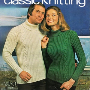 vintage womens mens sweater knitting pattern pdf ladies mans cable rib polo neck jumper 34-44&quot; DK 8ply pdf instant download