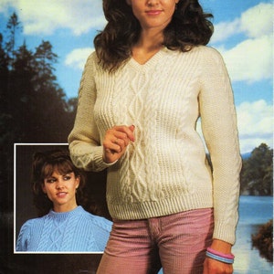 Vintage ladies aran sweater knitting pattern PDF DK womens cable jumper v or round neck 32-42&quot; DK light worsted 8ply pdf Instant Download