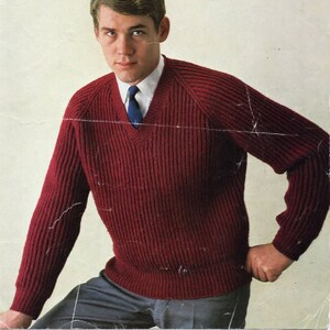 vintage mens rib sweater knitting pattern pdf mens v neck or crew neck jumper pullover 38-42&quot; DK light worsted 8ply pdf instant download