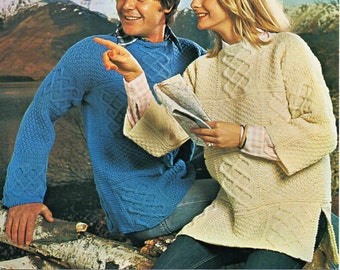 Vintage womens mens aran sweater knitting pattern pdf ladies cable jumper tunic 34-42 inch aran worsted 10ply Instant download