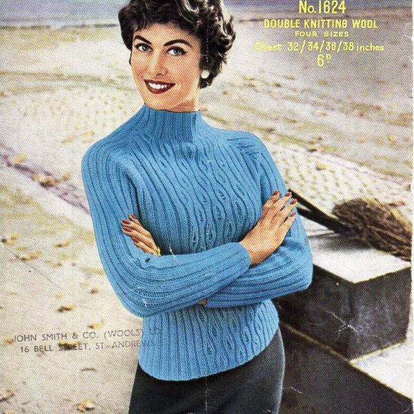 vintage womens sweater knitting pattern pdf ladies fitted turtle neck jumper ribbed 32-38" DK Light worsted 8ply pdf instant download