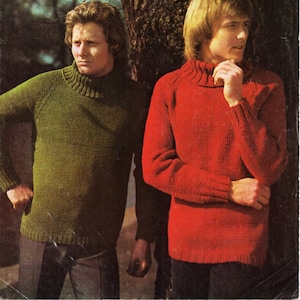 mens polo neck sweater knitting pattern PDF download mens roll neck jumper Vintage 70s 38-42&quot;DK chunky 8ply bulky Instant Download