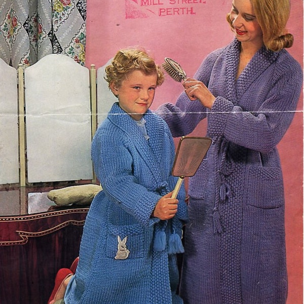 vintage womens dressing gown knitting pattern pdf ladies childrens mens housecoat 24-42" chunky bulky 12ply pdf instant download