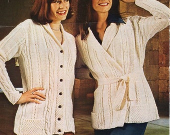 Vintage Cable Knit Cardigan Pattern: Shawl Collar Belted Jacket (PDF Download)