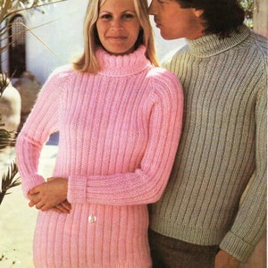 vintage womens mens rib sweater knitting pattern pdf ladies ribbed polo neck jumper 32-42&quot; DK light worsted 8ply pdf instant download
