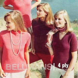 vintage womens short sleeve sweater knitting pattern pdf ladies classic jumper v or round neck 34-44&quot; 4ply fingering pdf instant download