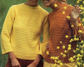 Vintage 70s Sweater Knitting Pattern PDF, Wide Sleeve Polo Neck (32-40")