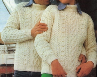 womens mens aran sweater knitting pattern pdf ladies cable jumper crew neck vintage 1970s 34-44" aran worsted 10ply pdf instant download