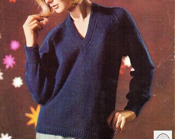 Vintage 1960s V Neck Sweater Knitting Pattern, Ladies Size 34-40 (PDF Pattern)