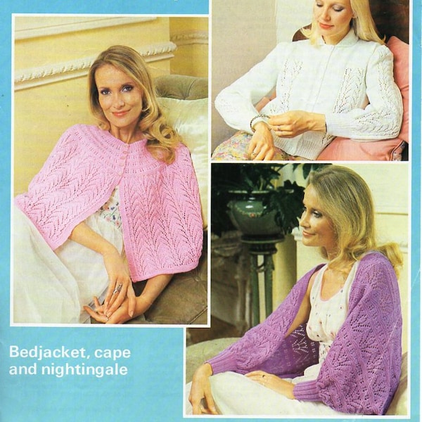 ladies bedjacket bed cape knitting pattern pdf 4ply womens bed jacket cape nightingale vintage 70s 32-40" 4ply pdf instant download