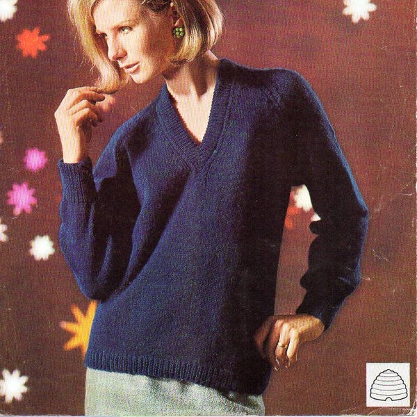 womens sweater knitting pattern pdf DK ladies v neck jumper Vintage 1960s 34-40" DK light worsted 8ply pdf instant download