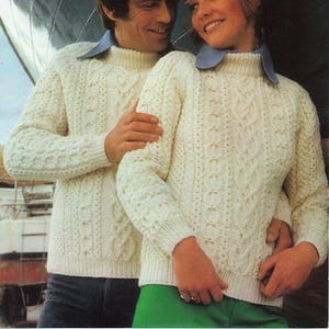 womens mens aran sweater knitting pattern pdf ladies cable jumper crew neck vintage 1970s 34-44&quot; aran worsted 10ply pdf instant download