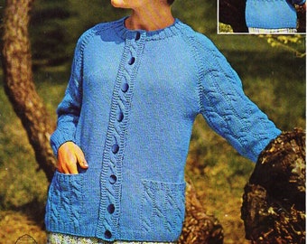 vintage womens cardigan KNITTING PATTERN pdf ladies cable jacket pockets 37-39" DK 8ply pdf Instant Download