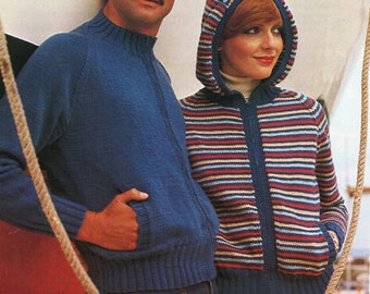 vintage womens mens zipper jacket knitting pattern pdf ladies hooded cardigan 32-42" DK light worsted 8ply pdf instant Download