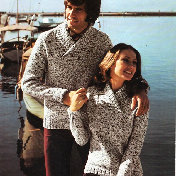 vintage womens mens shawl collar sweater knitting pattern pdf ladies shawl collar jumper 32-42" aran worsted 10ply pdf instant download